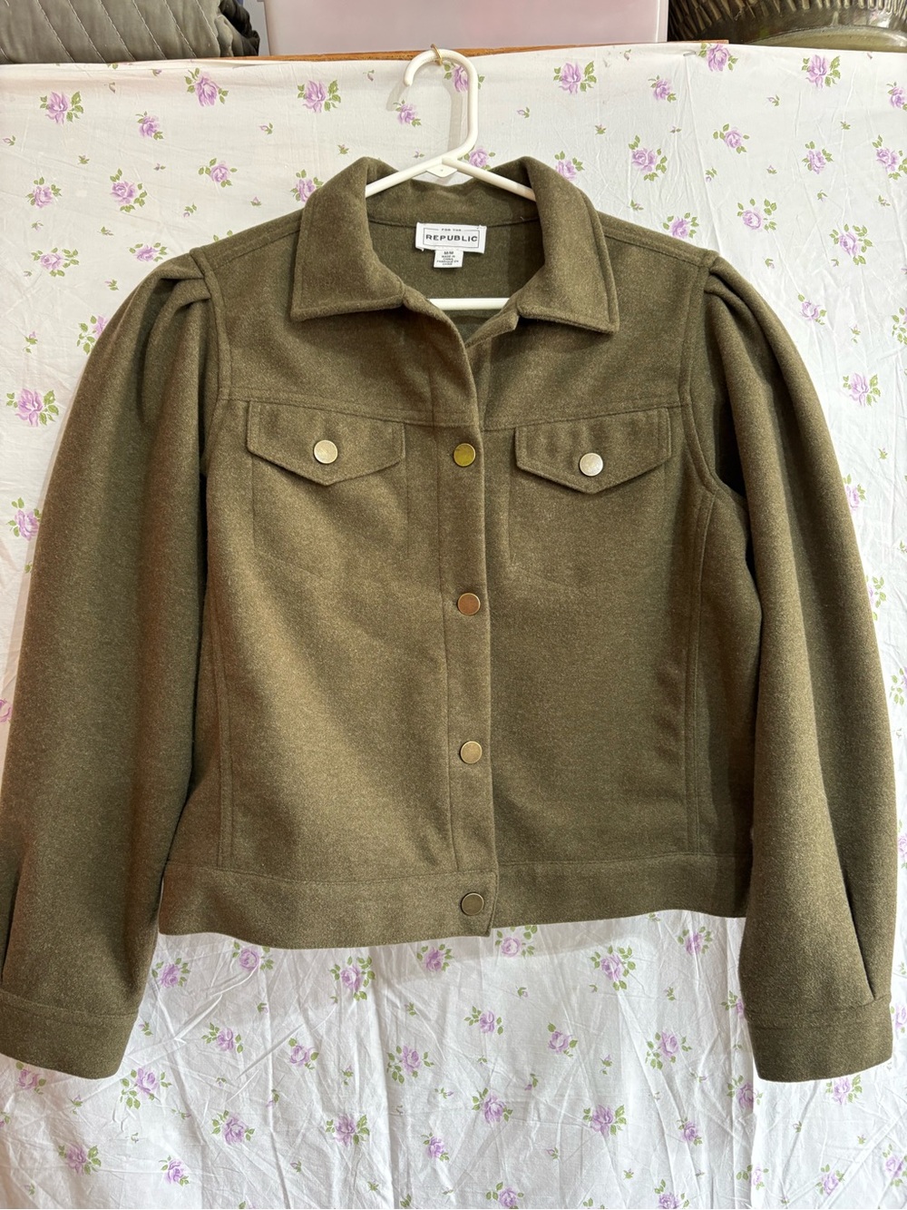 For The Republic Olive Green Button-Front Wool Blend Jacket